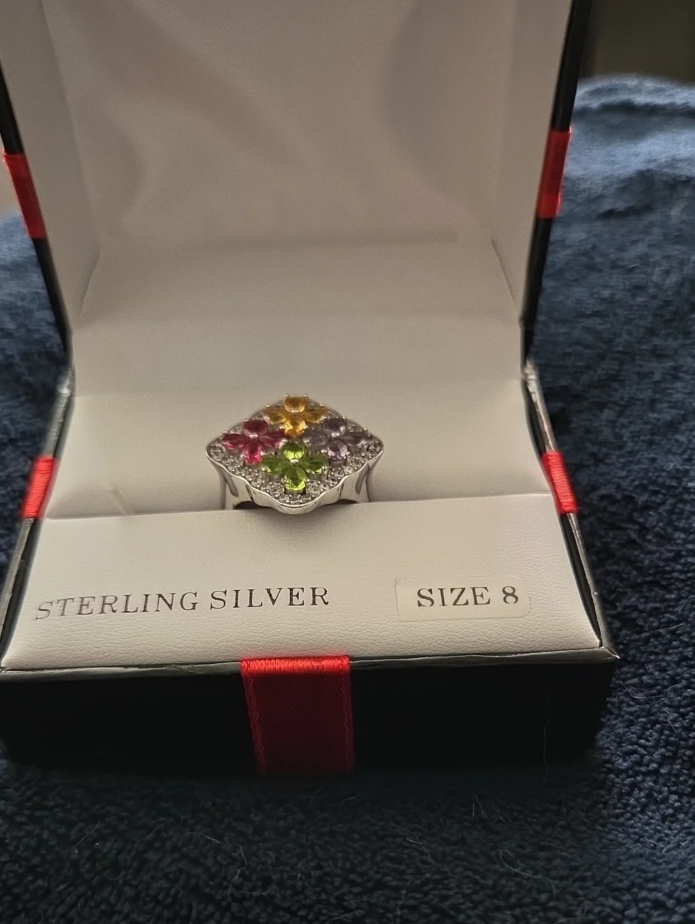 Sterling Silver Multicolor Flower Cluster Ring - Size 8